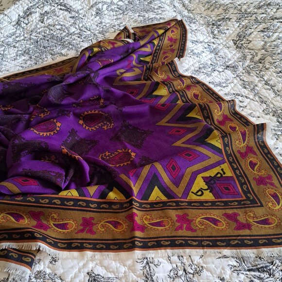 BYBLOS Luxurious Vintage Logo Shawl Scarf Wool Blend Paisley Large Square 54in - Picture 8 of 10